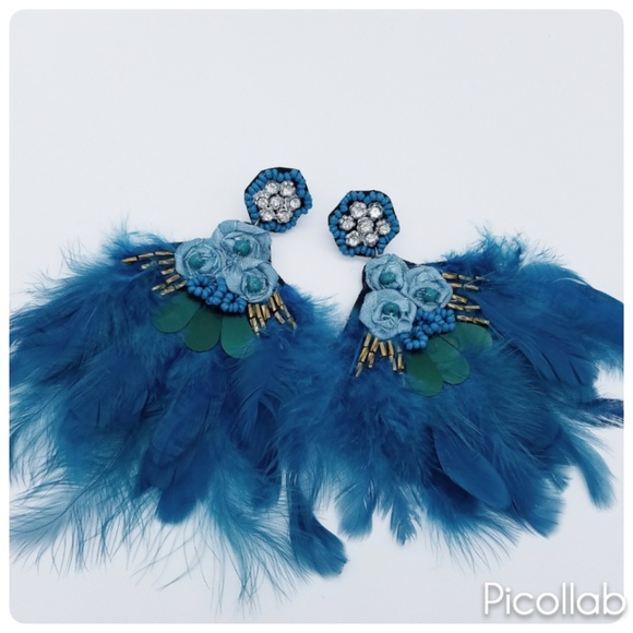 Jewelry - Blue Bohomeian Feather Earrings
